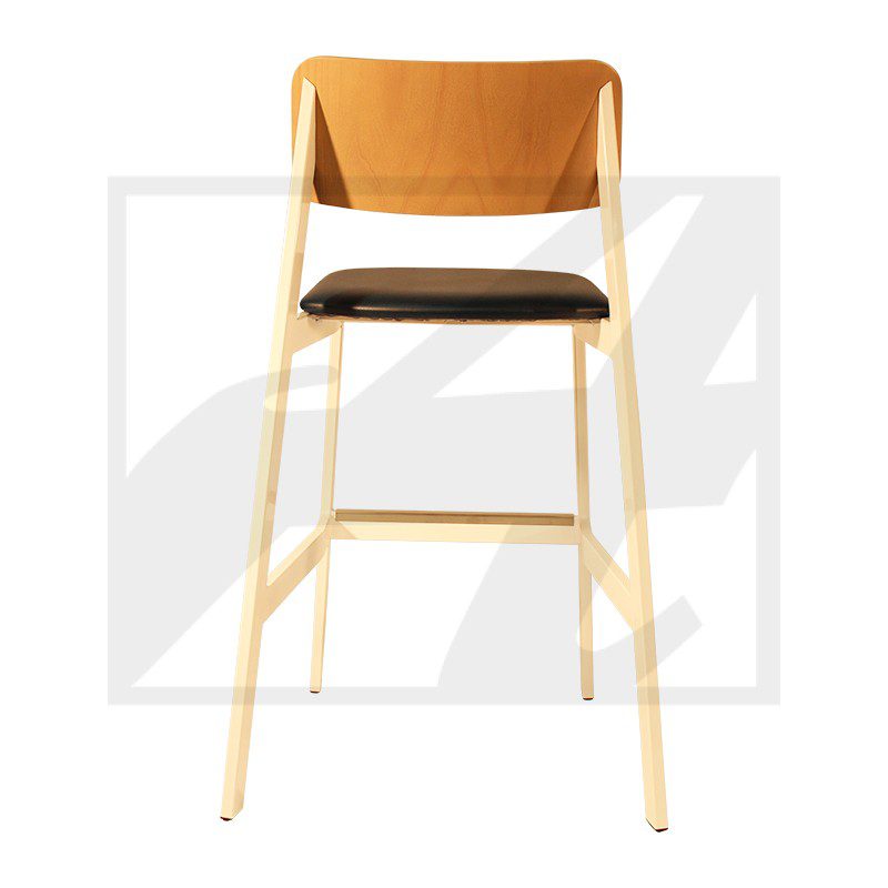 Modern wooden bar stool with a cushioned seat and metal legs.