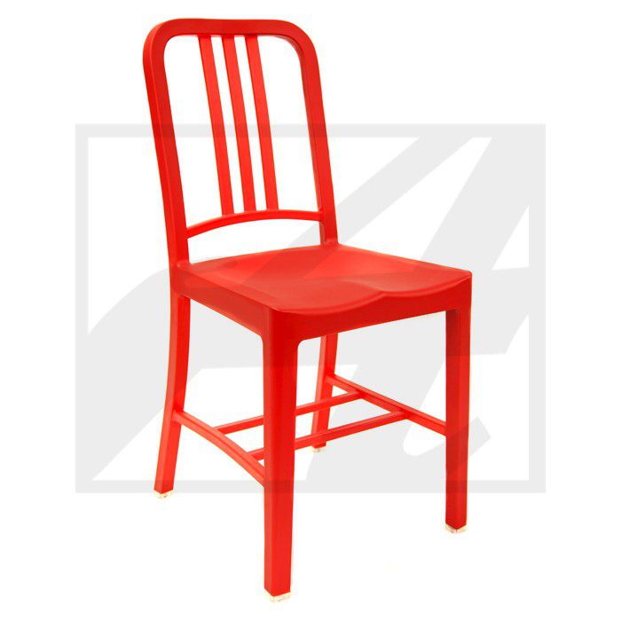 Bright red wooden chair with a classic design.