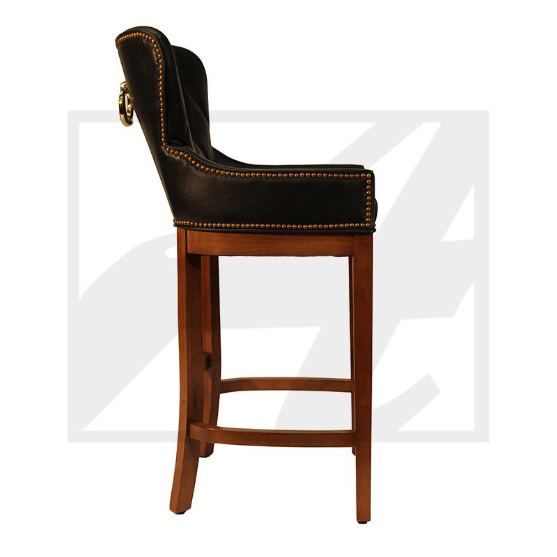 Side view of a wooden bar stool with a cushioned black seat and backrest.