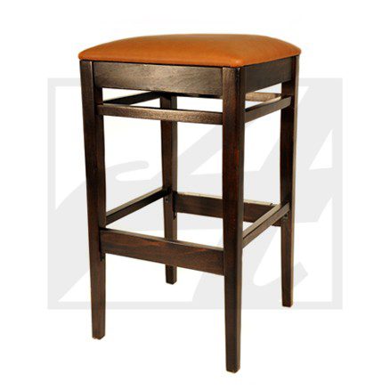 Wooden bar stool with a cushioned seat and footrest.