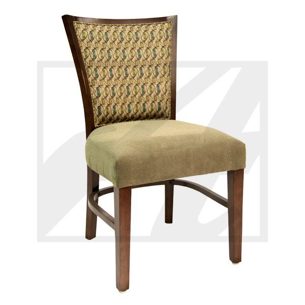 Elegant wooden chair with patterned backrest and cushioned seat.