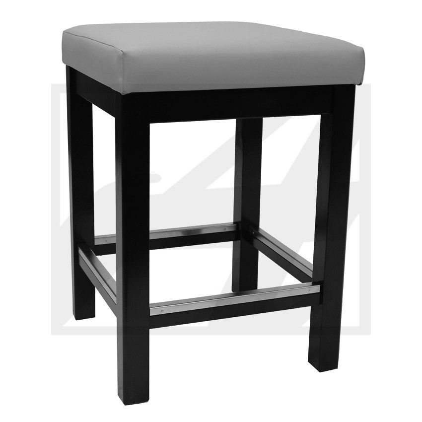 Black wooden bar stool with a cushioned gray seat.