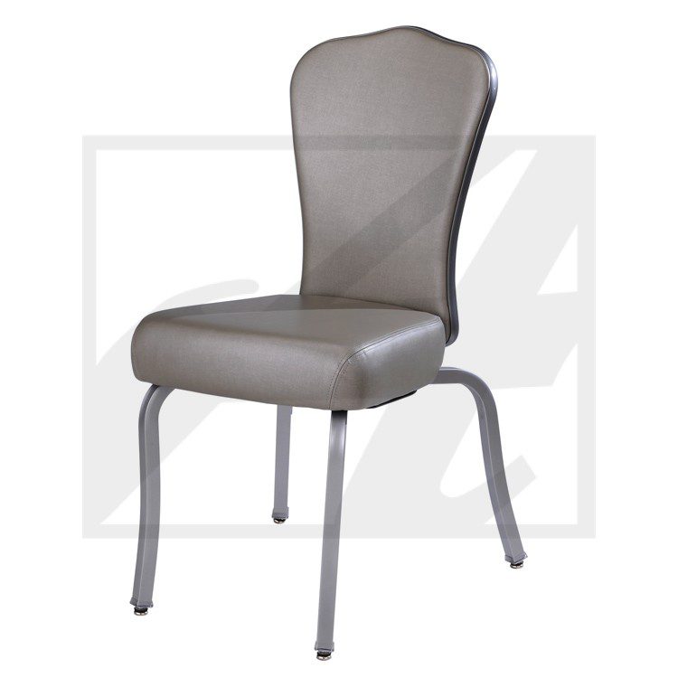 Gray cushioned chair with metal legs and back support.
