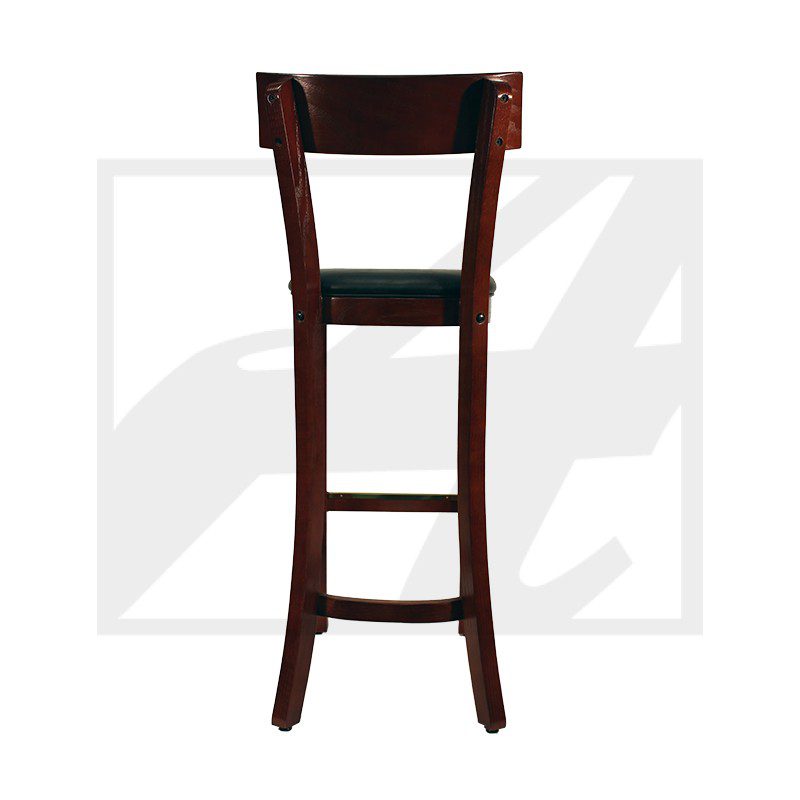 Tall wooden bar stool with a cushioned seat and backrest.