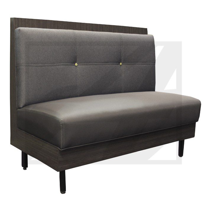 Modern gray upholstered bench with button tufted backrest and black legs.