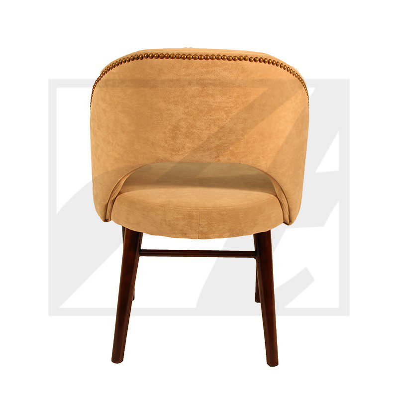 Modern chair with a wooden frame and cushioned tan upholstery.
