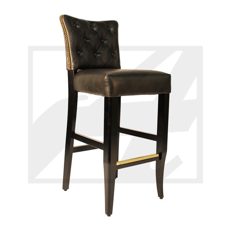 Elegant black leather bar stool with tufted backrest and wooden legs.