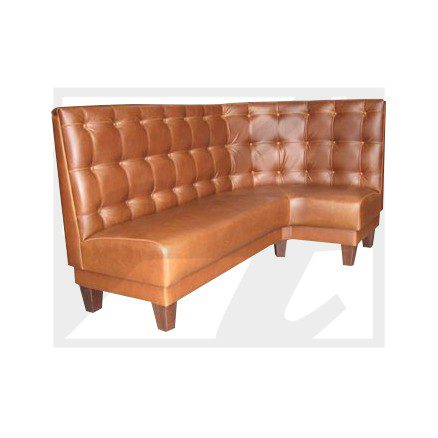 Brown leather tufted corner bench seating with high backrest.