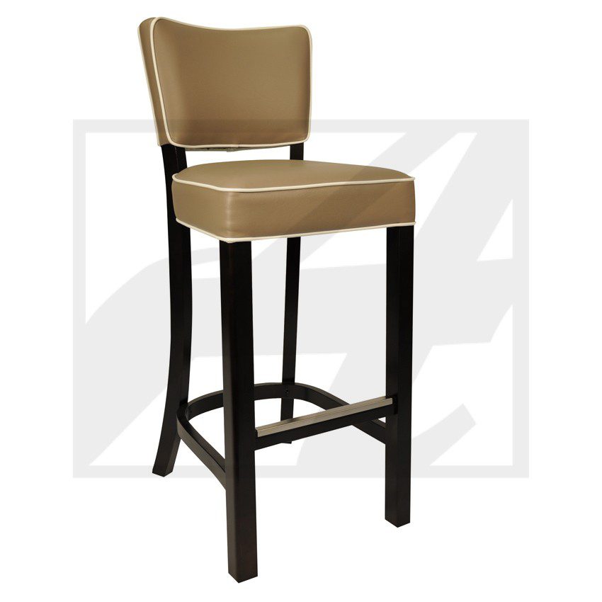 Tall bar stool with beige cushioned seat and dark wooden legs.
