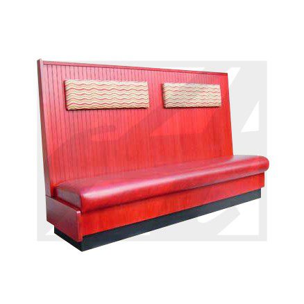 Red vinyl restaurant booth seating with wooden back panels.