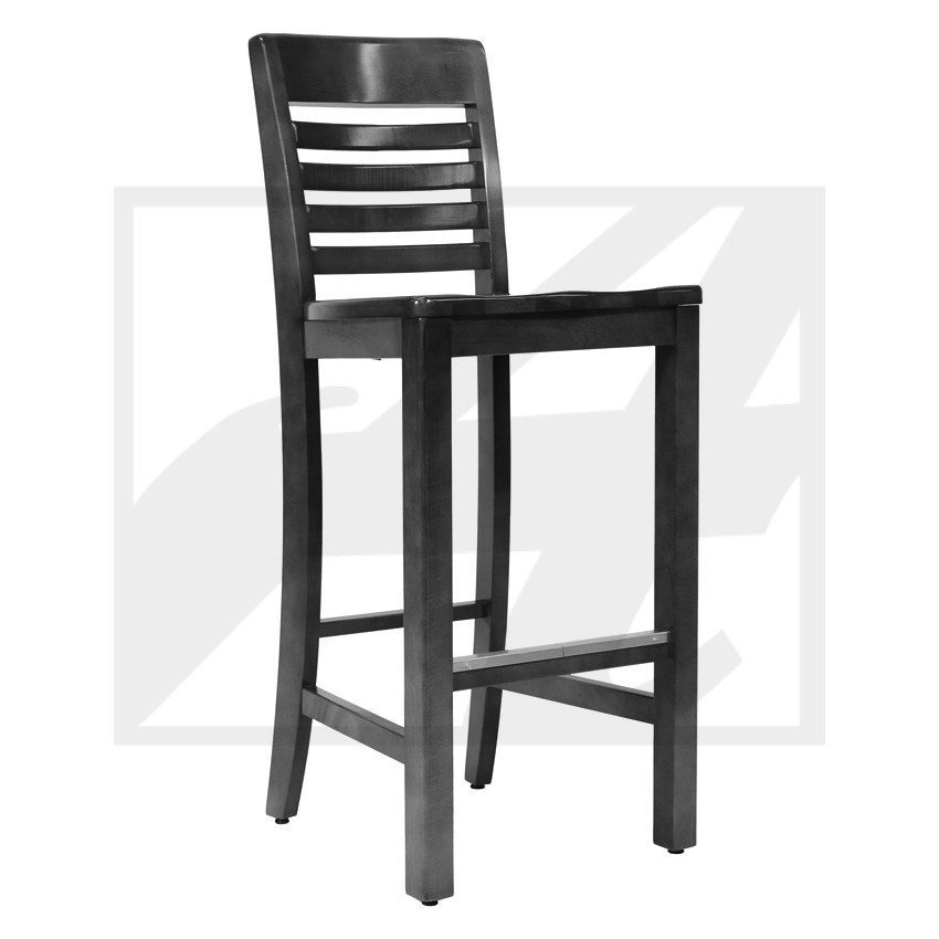 Black wooden bar stool with horizontal slats on the backrest.