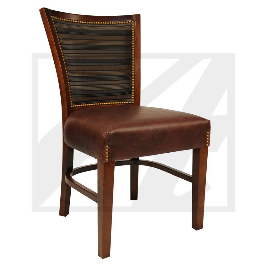 Classic wooden chair with brown leather seat and striped backrest.