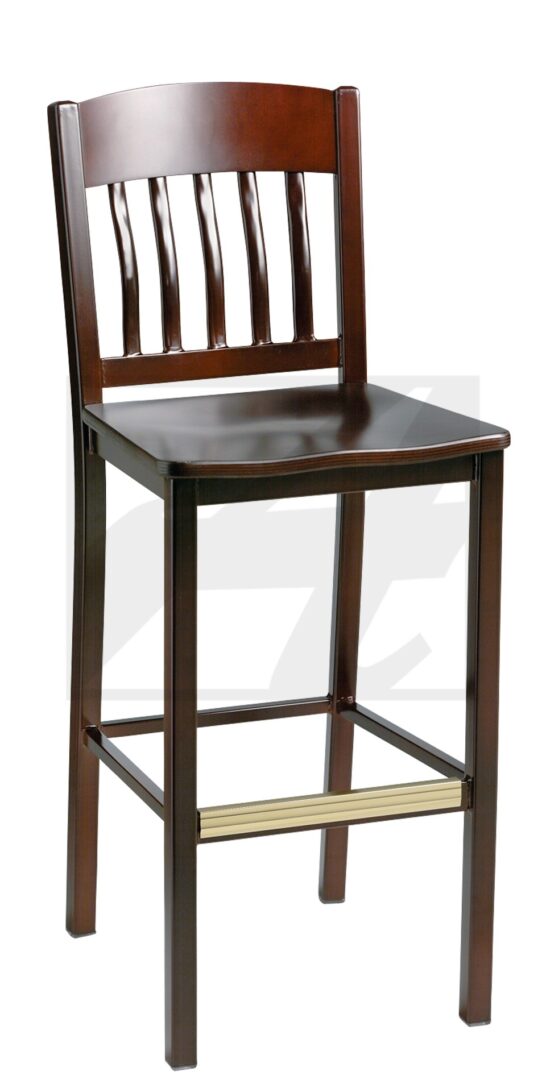 A wooden bar stool with a slatted backrest and footrest.