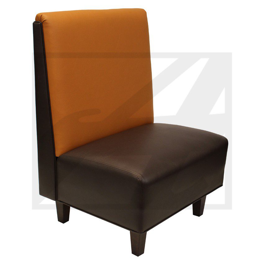 Modern two-tone cushioned chair with brown and orange upholstery.