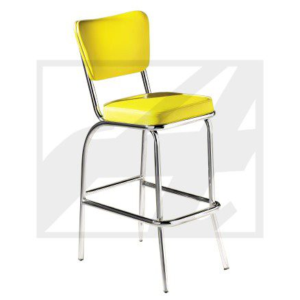 Modern yellow bar stool with chrome legs and footrest.