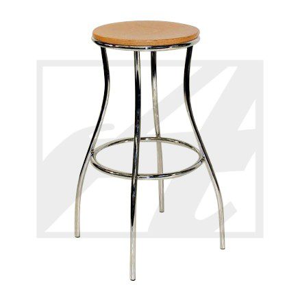 A metal stool with a wooden round seat and curved supports.