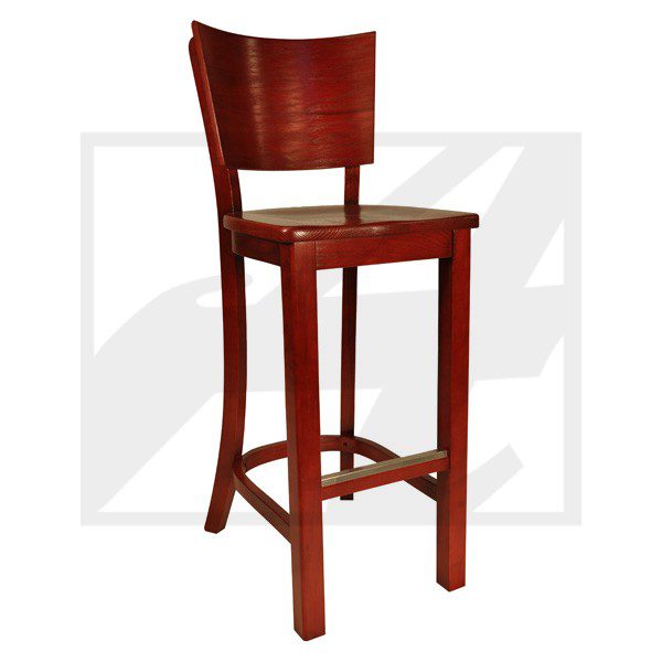 Elegant wooden bar stool with a curved backrest and footrest.