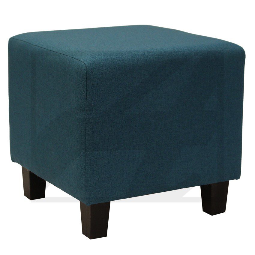 A teal upholstered square ottoman with dark wooden legs.