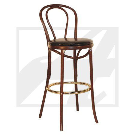 Classic wooden bar stool with a round seat and curved backrest.