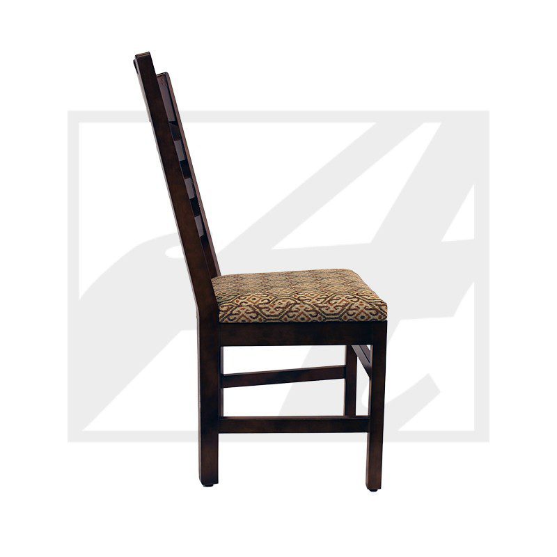 Side view of a wooden chair with a cushioned seat.