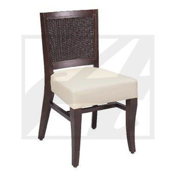 Dark wooden chair with woven backrest and cream cushion.