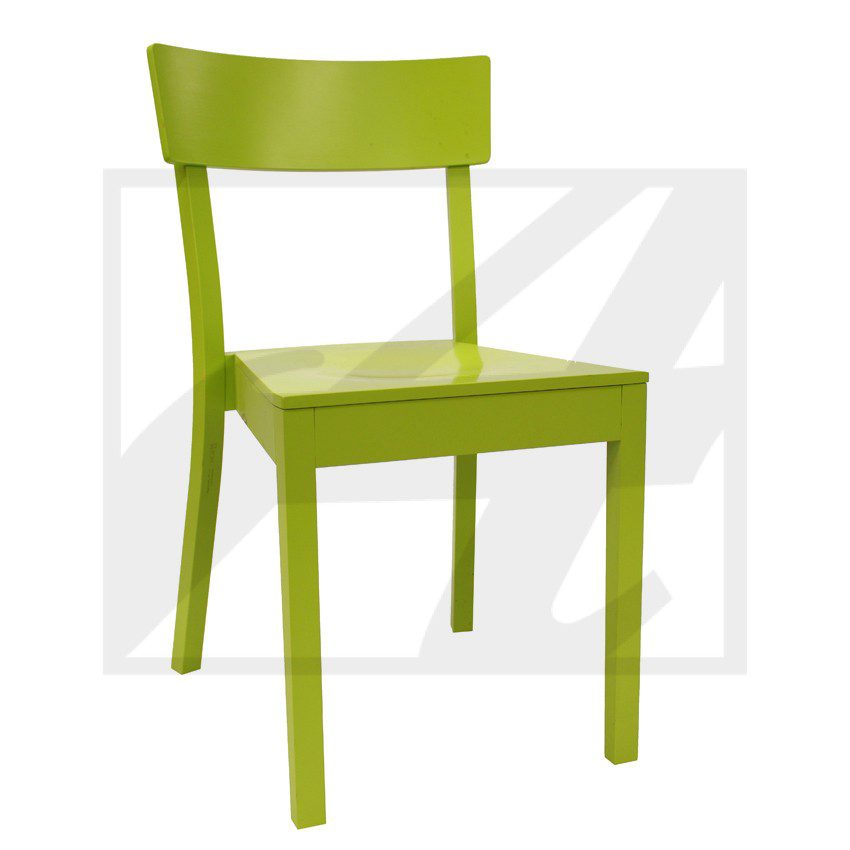 A lime green wooden chair with a simple design.