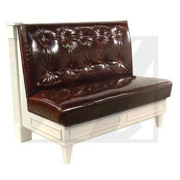Vintage brown leather tufted bench with white wooden frame.