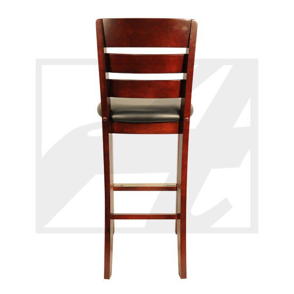 A wooden bar stool with a cushioned seat.
