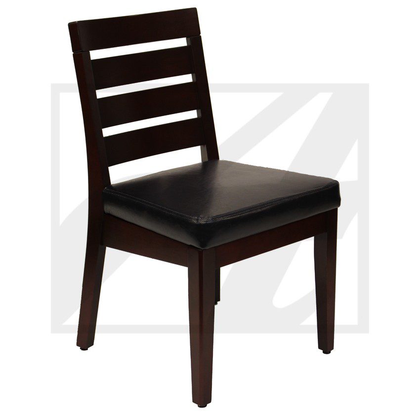 Dark wooden chair with black cushioned seat and slatted backrest.