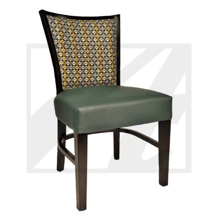 Upholstered dining chair with patterned back and green seat.