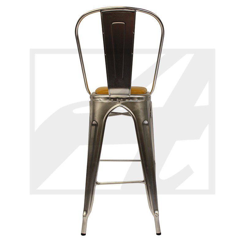 Metal industrial-style chair with a curved backrest and sturdy legs.