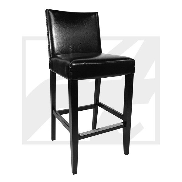 Black leather bar stool with wooden legs and a cushioned seat.