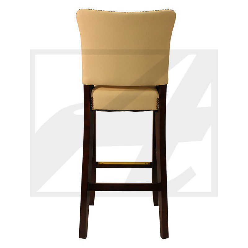 Tall wooden bar stool with beige cushioned seat and backrest.