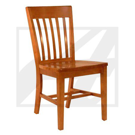 Wooden dining chair with vertical slats and sturdy legs.