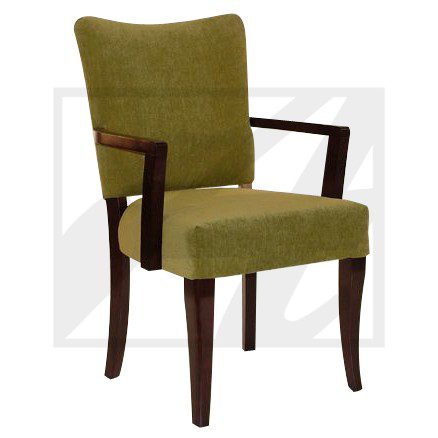 Green upholstered armchair with wooden frame and legs.