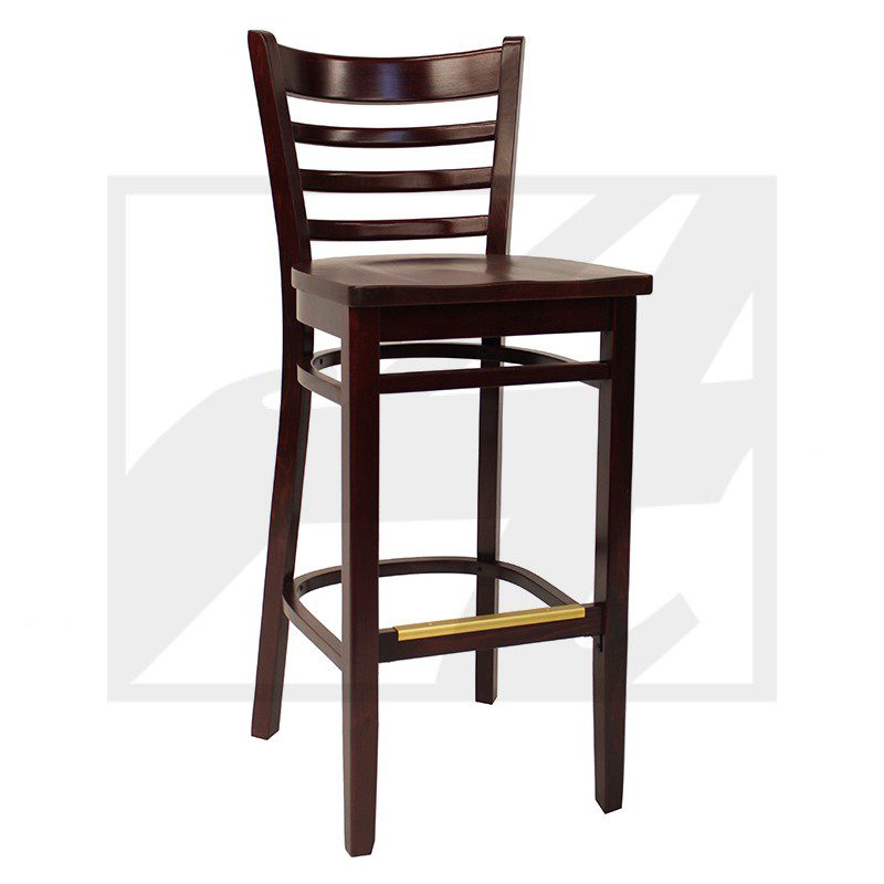 Wooden bar stool with a dark finish and ladder back design.