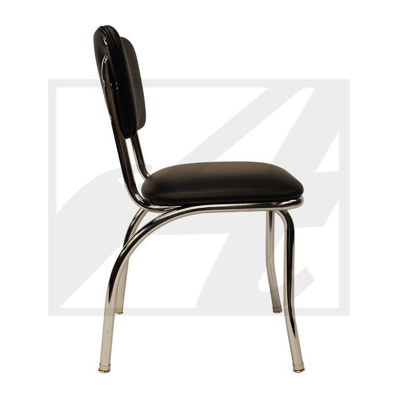 Black cushioned chair with metal legs and backrest.