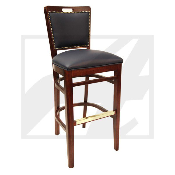 Elegant wooden bar stool with black leather seat and backrest.