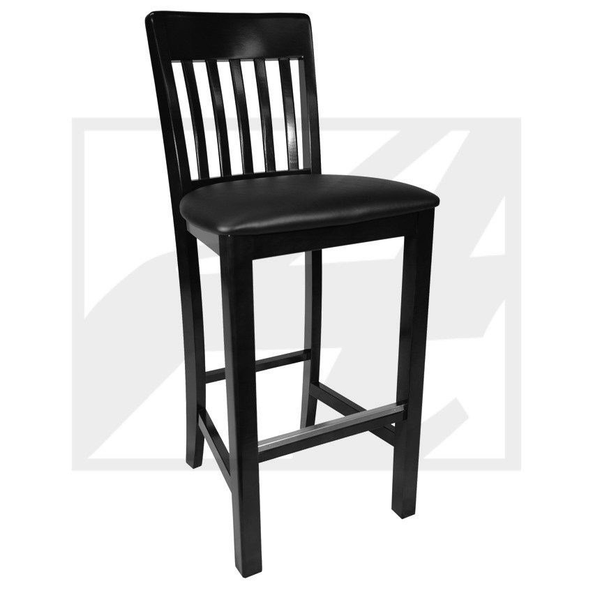 Black wooden bar stool with a slatted backrest and footrest.