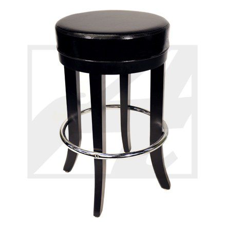 Black cushioned bar stool with a round seat and metal footrest.