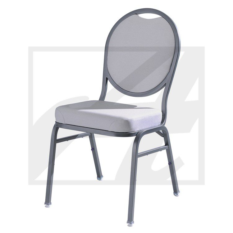 A simple gray metal chair with a rounded backrest and padded seat.
