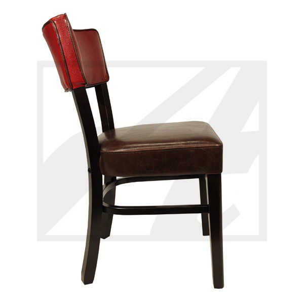 Side view of a wooden chair with brown seat and red backrest.