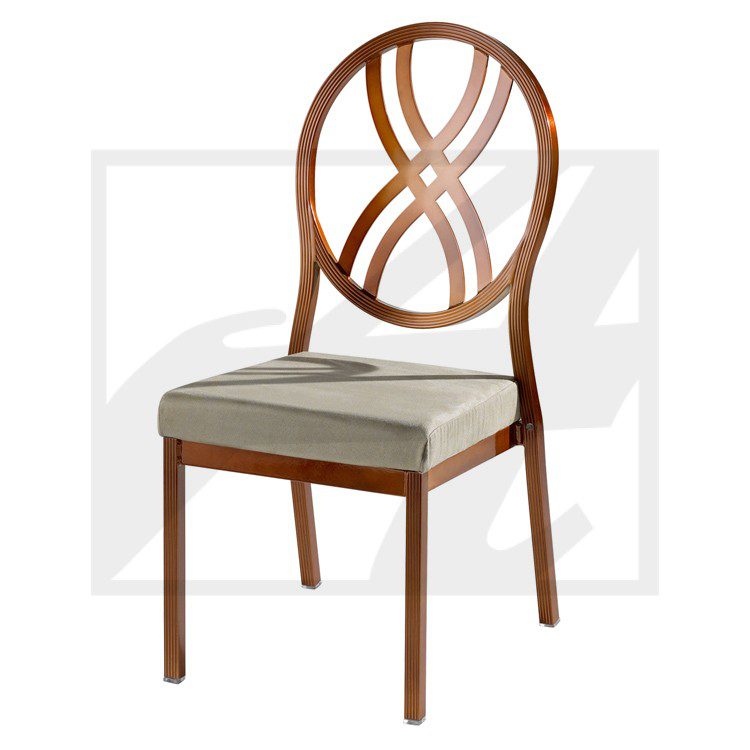 Wooden chair with a cushioned seat and decorative backrest design.