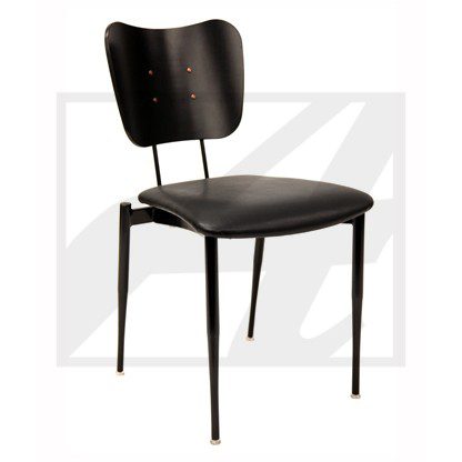 Black modern chair with a curved backrest and metal legs.