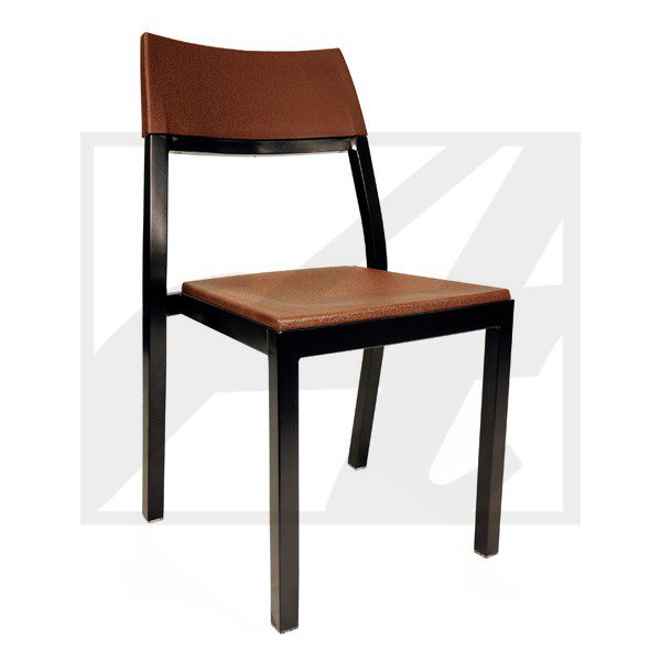 Modern chair with a leather seat and backrest on a black frame.