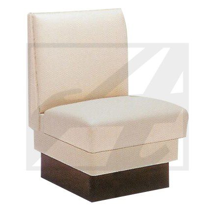 Modern beige cushioned chair with a dark wooden base.