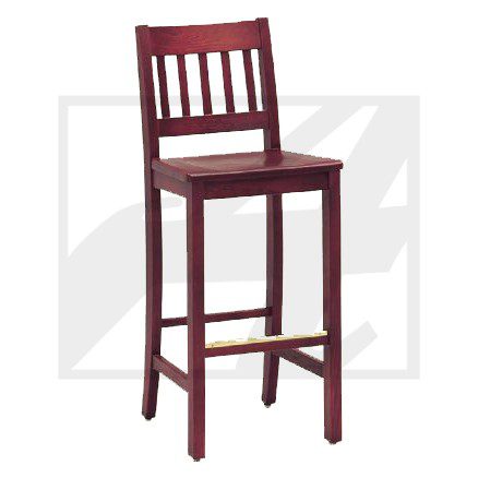 Wooden bar stool with a reddish-brown finish and slatted backrest.
