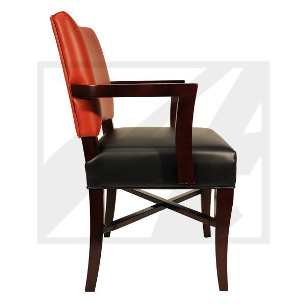 Wooden armchair with black seat and orange backrest.