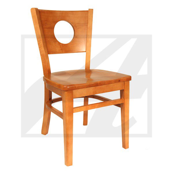 Wooden chair with a circular cutout in the backrest.