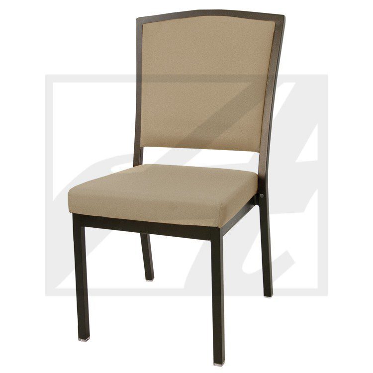 A beige upholstered chair with a dark metal frame.